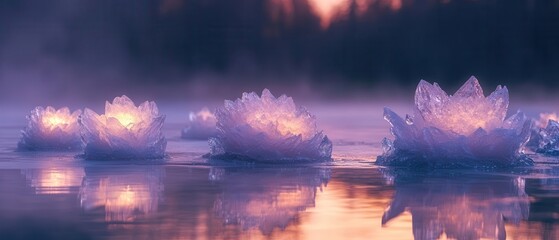 Serene water lily blossoms illuminated by soft light, floating gracefully on tranquil water, surrounded by lush scenery and mist.