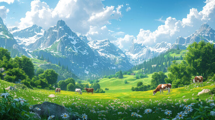Fototapeta premium Farm summer landscape with cow pasture, trees and bushes, mountains on horizon and blue sunny sky with clouds. Cartoon vector green grassland with domestic animals.