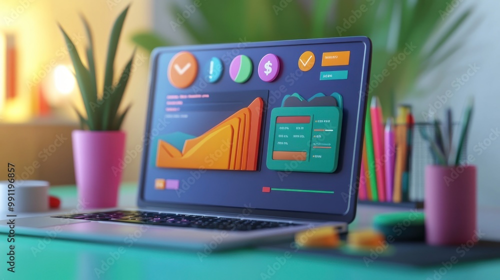 Aufkleber a laptop displaying colorful data visualizations and charts on a workspace.