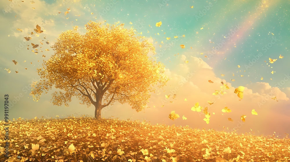Poster a single golden tree stands tall on a hilltop, bathed in a warm, ethereal light. golden leaves flutt