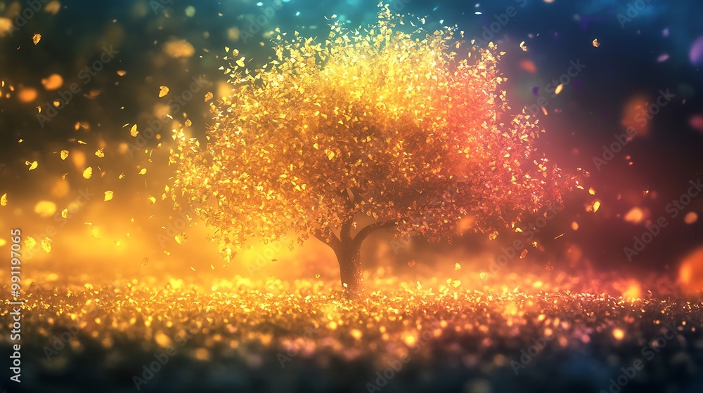 Poster a glowing tree with colorful leaves and bokeh lights.