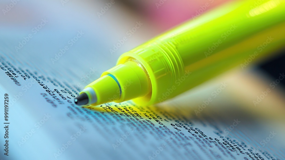 Aufkleber a close-up of a yellow highlighter pen resting on printed text, emphasizing reading or studying.