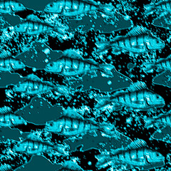 Seamless vintage watercolor pattern. Watercolor drawing fish perch.
 water splash, paint. Underwater world, drawing of fish in vintage style. Water fish splash, paint, trendy background.  camouflage