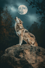 Wolf howling at the moon on a mountain
