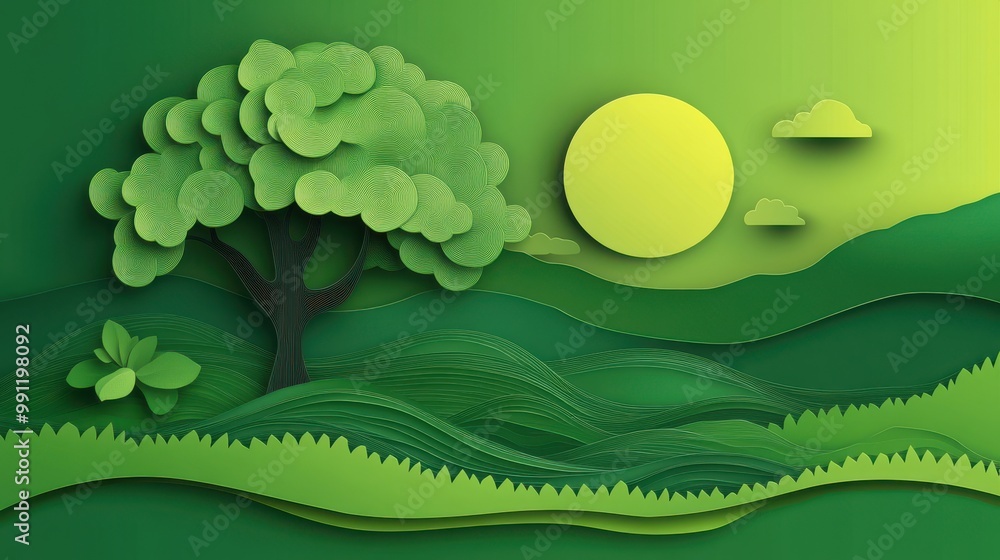 Wall mural abstract green background with a tree and waves for the world environment day concept in a paper-cut