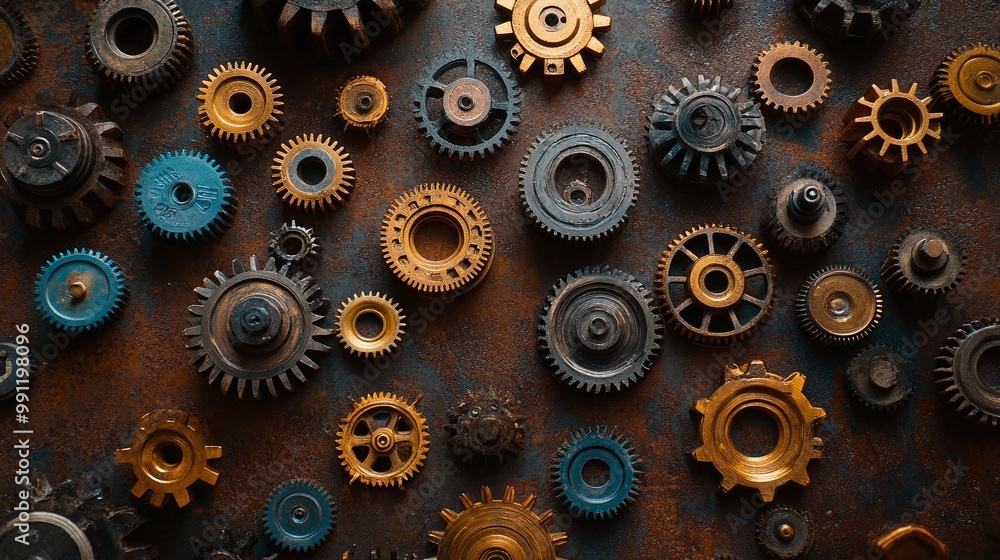 Poster gears neatly arranged on a workshop table, showcasing mechanical precision, industrial design, and t