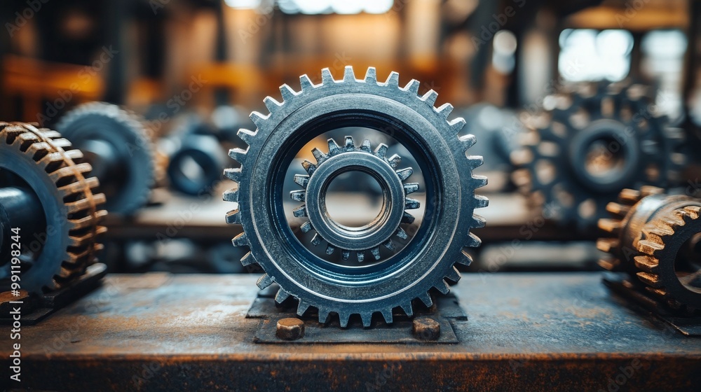 Poster gears neatly arranged on a workshop table, showcasing mechanical precision, industrial design, and t
