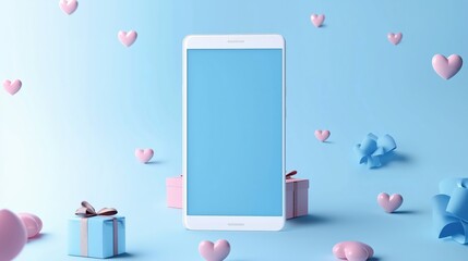 Smartphone with blue screen on a blue background, space for text 