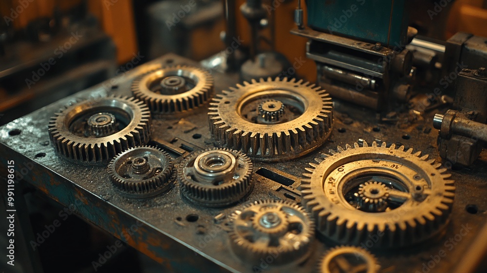 Poster gears neatly arranged on a workshop table, showcasing mechanical precision, industrial design, and t