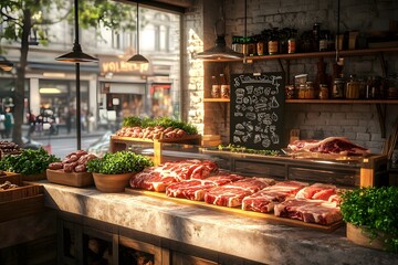 Fresh Raw Meat Display in Butchers Shop Window