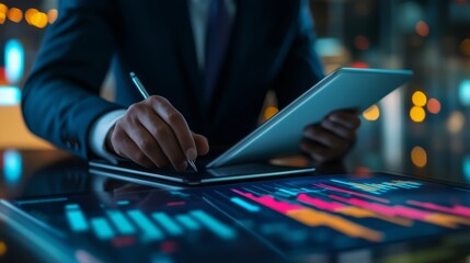 Business professional analyzing data trends with digital tablet while making notes in a modern office setting during the evening