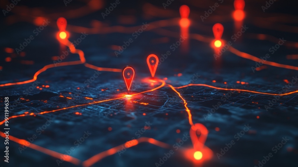 Poster a digital map displaying glowing location markers and network lines.