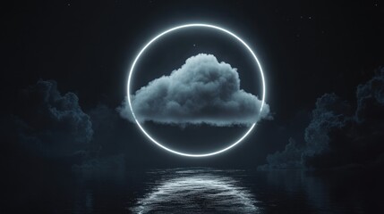 A glowing cloud encircled by light above a serene water surface at night.