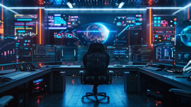 Futuristic Digital Command Center with Holographic Interface and Data Visualization