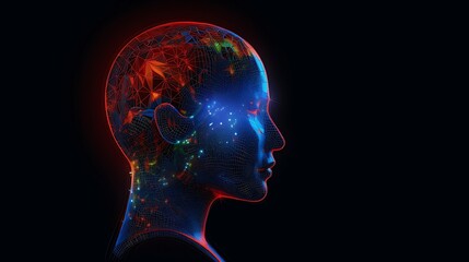 Obraz premium Futuristic Side Profile of Human Head with Glowing Circuits and Neural Network Patterns in a Digital Technology Design