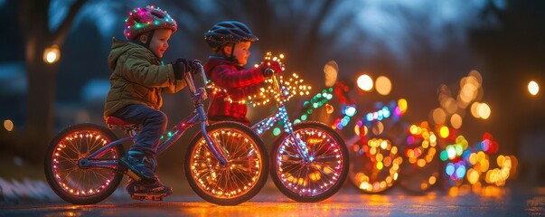 Children enjoying a festive bike ride with colorful lights during twilight, creating a joyful holiday atmosphere.