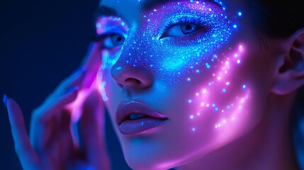 A close-up of a model with glowing, artistic makeup effects.
