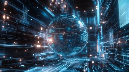 Fototapeta premium A futuristic digital sphere surrounded by glowing data streams.