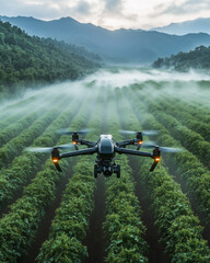 Obraz premium Aerial View of Vineyard with Drone Above Green Rows.