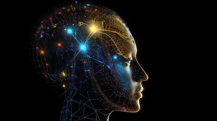 Obraz premium Futuristic Side Profile of Human Head with Glowing Circuits and Neural Network Patterns in a Digital Technology Design