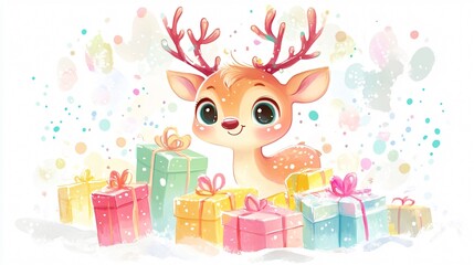 Fototapeta premium Cute Reindeer Character with Colorful Gifts on White Background