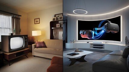 Old vs. New entertainment devices. The lighting transitions from warm and nostalgic on the old side to sleek and futuristic on the new.