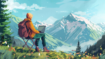 A digital nomad using a laptop at a mountain retreat, showcasing the lifestyle of remote work combined with the freedom to travel anywhere.