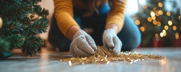 Obraz premium A person gently arranges golden decorations on the floor during the festive season, surrounded by holiday lights and a Christmas tree.