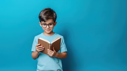 Obraz premium Boy reading a book on a blue background, space for text 