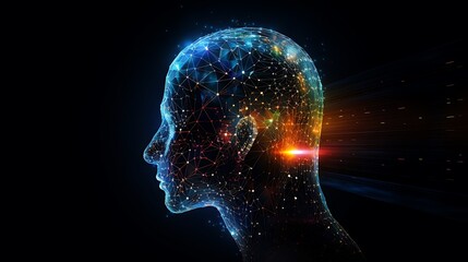 Obraz premium Futuristic Side Profile of Human Head with Glowing Circuits and Neural Network Patterns in a Digital Technology Design