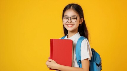 Asian school girl holding a red notebook on a yellow background, space for text 