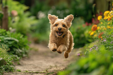 Cute dog running in the garden. generative AI