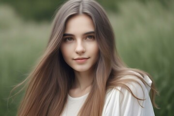 Naklejka premium Beautiful Woman with Long Brown Hair and Green Background