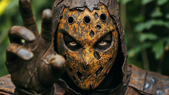 An unknown scary masked man raised his hand with threat. Halloween celebration. Video shot with copy space