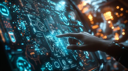 A person interacts with a transparent touchscreen device, navigating through illuminated floating digital interfaces filled with data and graphics