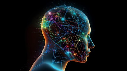 Obraz premium Futuristic Side Profile of Human Head with Glowing Circuits and Neural Network Patterns in a Digital Technology Design