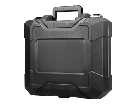 Black plastic tool case on white background.