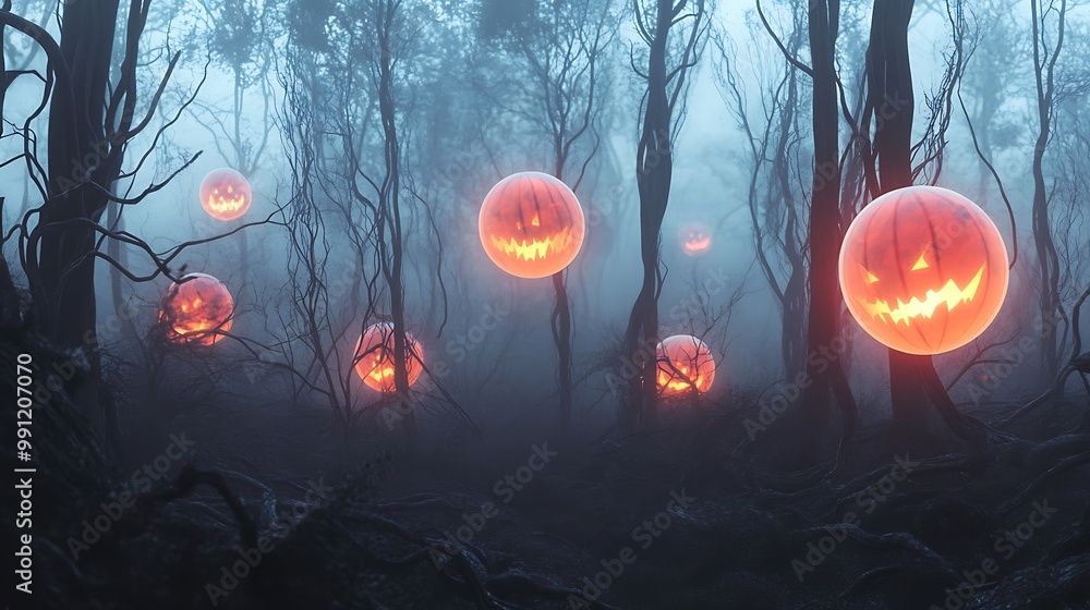 Poster glowing jack-o'-lanterns float in a misty forest, creating an eerie and spooky atmosphere.