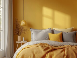A bedroom with mustard yellow walls, light grey bedding, and mustard yellow accents on the bedside lamp and pillows