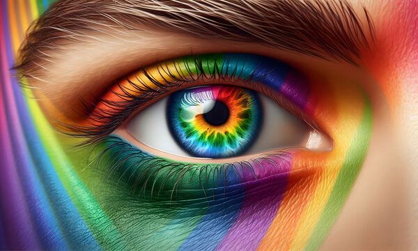 Makro, Auge und Iris einer Frau in Regenbogenfarben
