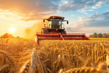 Fototapeta premium Harvester working in wheat field at sunset, farmer driving orange tractor, rural scene