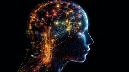 Fototapeta premium Futuristic Side Profile of Human Head with Glowing Circuits and Neural Network Patterns in a Digital Technology Design