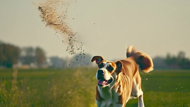 A joyful dog is energetically running across a green field, creating a cloud of dust. The bright sunlight enhances the lively atmosphere of the moment