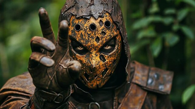 An unknown scary masked man raised his hand with threat. Halloween celebration. Video shot with copy space