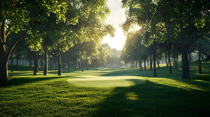 Obraz premium Very lifelike golf field at sunshrine, the middle of the field view likes as the first person perspective ,Golf sport landscape
