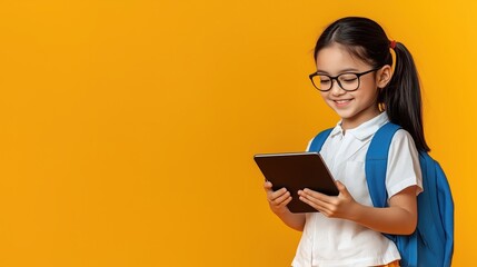 Asian school girl holding a tablet on a yellow background, space for text