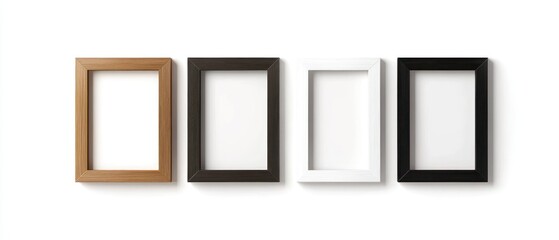 A collection of four empty picture frames in different colors and styles.