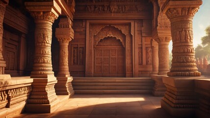 Indian temple, realistic style, intricate carvings, vibrant colors, sunlight streaming through doorway