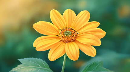 Obraz premium A stunning close-up image of a vibrant yellow flower showcasing its intricate petals and green leaves, set against a beautiful blurred background, symbolizing nature's beauty