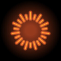 Sunburst,sun light simple icon vector. Flat design. Orange neon on black background